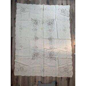 66x50” Cut Out Unbleached Muslin Tablecloth Brown Tan Embroidered Details with M